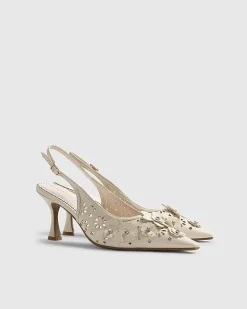 Cream Slingback 3D Floral Court Heels