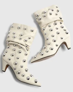 Cream Slouch Studded Ankle Boots