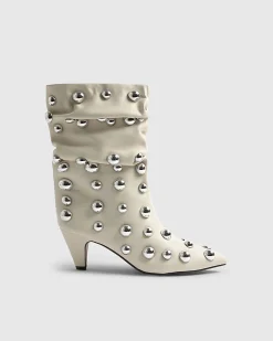 Cream Slouch Studded Ankle Boots