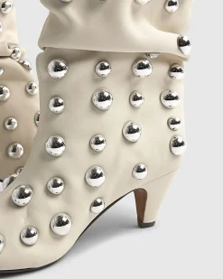 Cream Slouch Studded Ankle Boots
