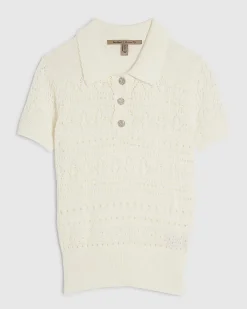 Cream Stitched Knit Polo Top