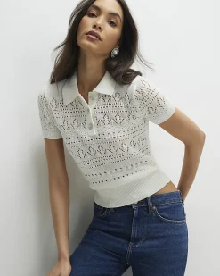 Cream Stitched Knit Polo Top