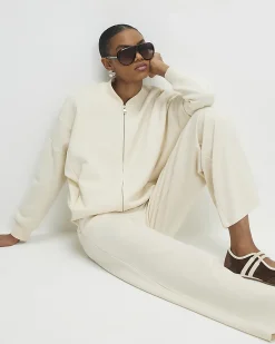 Cream Stretch Wide Leg Trousers