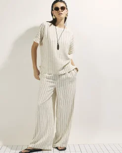 Cream Striped Linen Blend T-Shirt