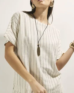 Cream Striped Linen Blend T-Shirt