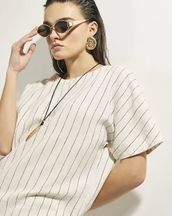 Cream Striped Linen Blend T-Shirt