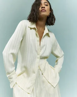 Cream Striped Satin Long Sleeve Shirt