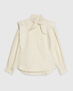 Cream Striped Tie Neck Blouse