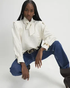 Cream Striped Tie Neck Blouse