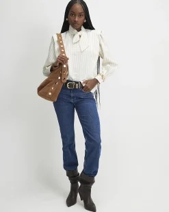 Cream Striped Tie Neck Blouse