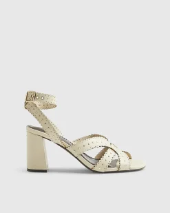 Cream Studded Scallop Edge Block Heel Sandals