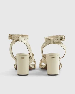 Cream Studded Scallop Edge Block Heel Sandals