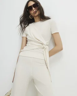 Cream Textured Knot Front Top