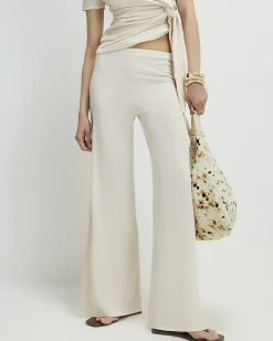 Cream Textured Wide Leg Trousers
