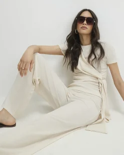 Cream Textured Wide Leg Trousers