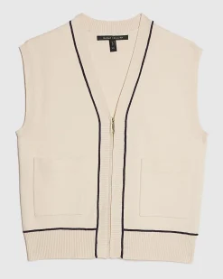 Cream Tipped Zip Through Sleeveless Cardigan