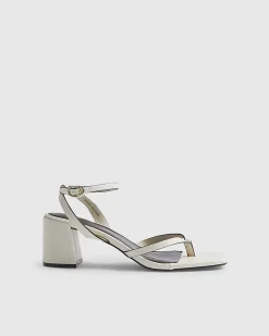 Cream Toe Thong Block Heel Sandals
