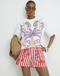 Cream Tropical Embroidered T-shirt