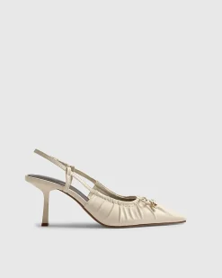 Cream Wide Fit Ruched Bow Court Heels