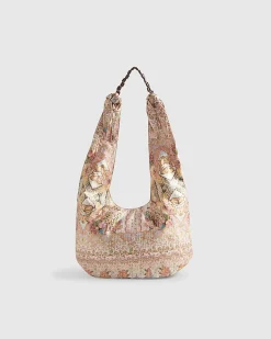 Cream Wood Handle Printed Slouch Bag