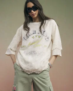 Cream Year Zero Lace Overlay T-Shirt