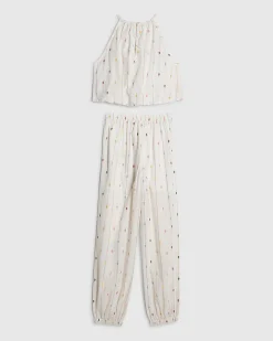 Girls Beige Stripe Hareem Top Set