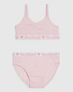 Girls Pink Ruched Crop Top And Brief Set