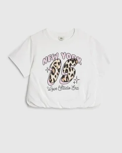 Girls White Bubble Hem NY T-Shirt
