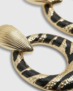 Gold Black Zebra Drop Earrings