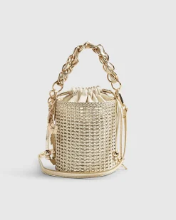 Gold Chain Handle Woven Bucket Bag