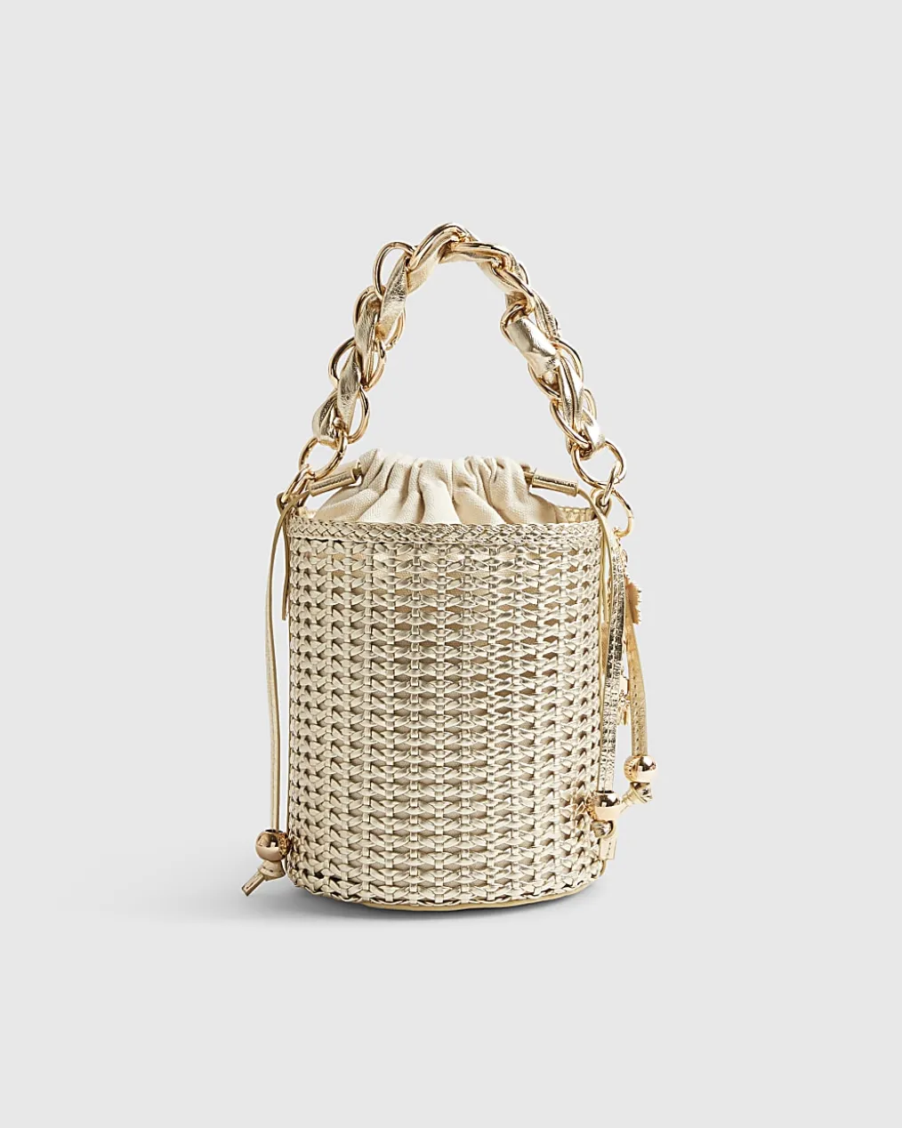 Gold Chain Handle Woven Bucket Bag