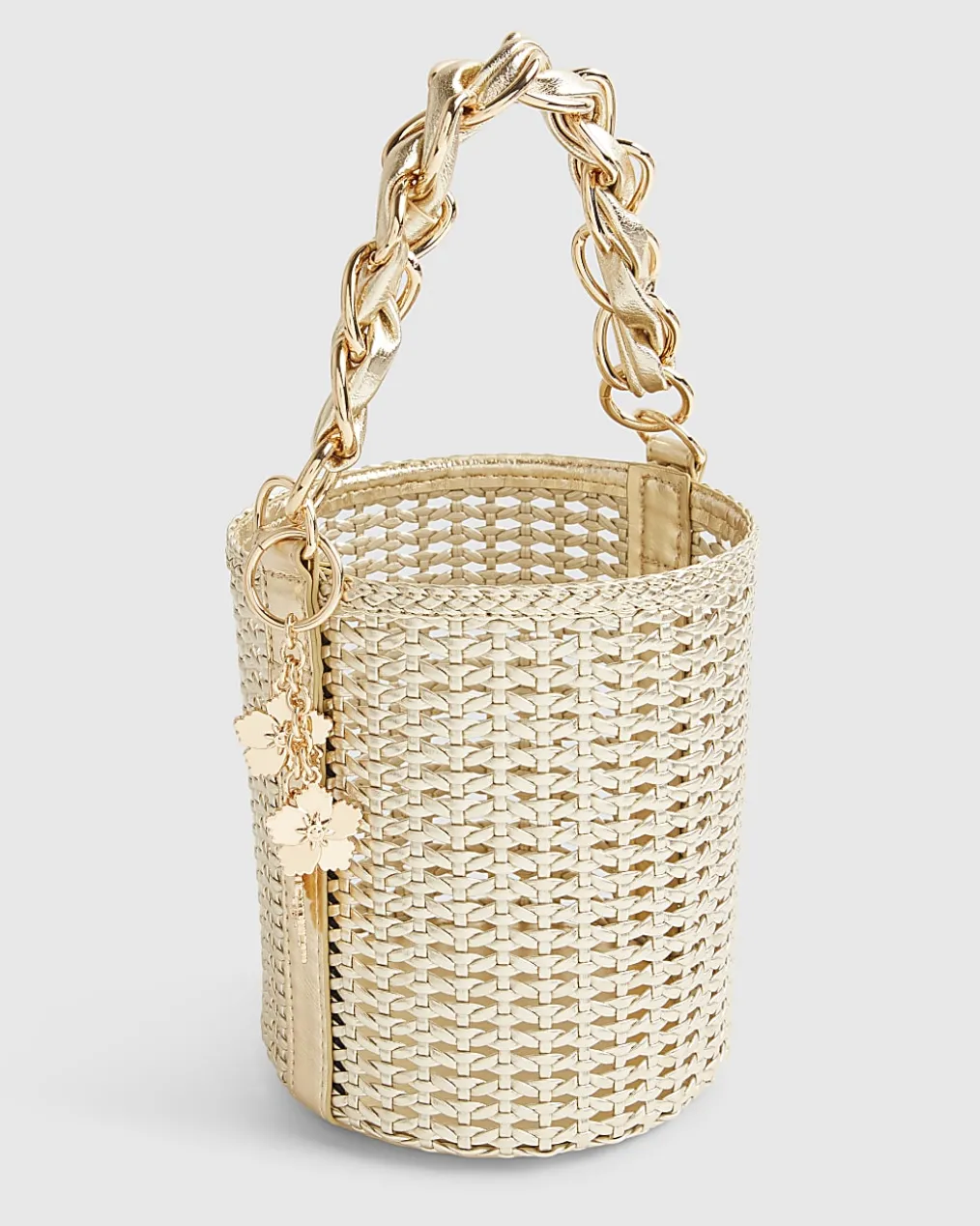 Gold Chain Handle Woven Bucket Bag