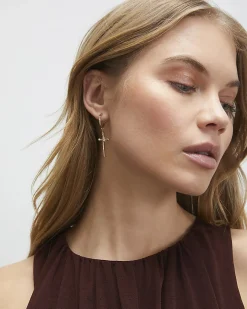 Gold Cross Drop Hoop Earrings