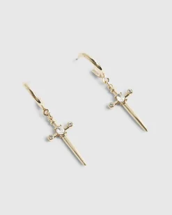 Gold Cross Drop Hoop Earrings