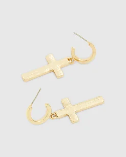Gold Diamante Cross Hoop Earrings