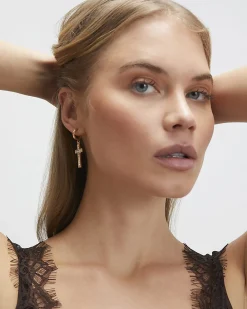 Gold Diamante Cross Hoop Earrings