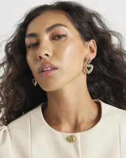 Gold Diamante Double Heart Drop Earrings