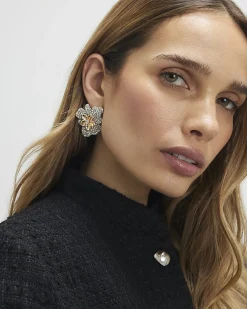 Gold Diamante Flower Stud Earrings