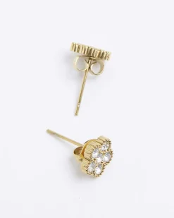 Gold Diamante Flower Stud Earrings