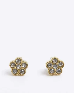Gold Diamante Flower Stud Earrings