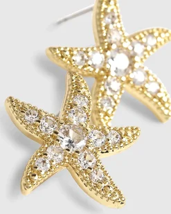 Gold Diamond Simulant Starfish Stud Earrings