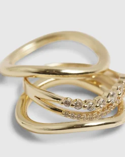 Gold Diamond Simulant Wave Rings 3 Pack