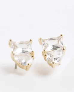 Gold Double Diamond Simulant Stud Earrings