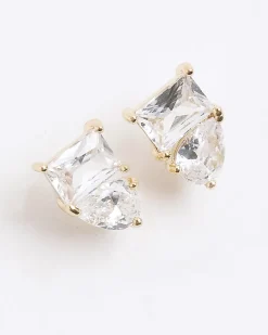 Gold Double Diamond Simulant Stud Earrings