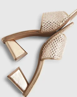 Gold Embellished Mesh Mule Heeled Sandals