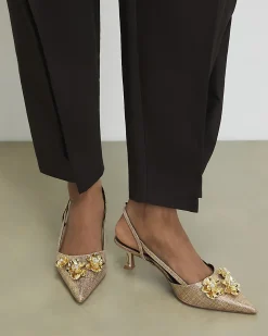 Gold Flower Trim Raffia Slingback Court Heels