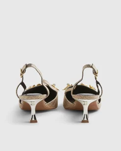 Gold Flower Trim Raffia Slingback Court Heels