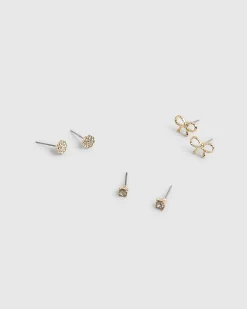 Gold Heart And Bow MultiPack Earrings