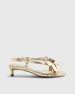 Gold Kitten Heeled Flower Sandals