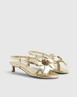 Gold Kitten Heeled Flower Sandals
